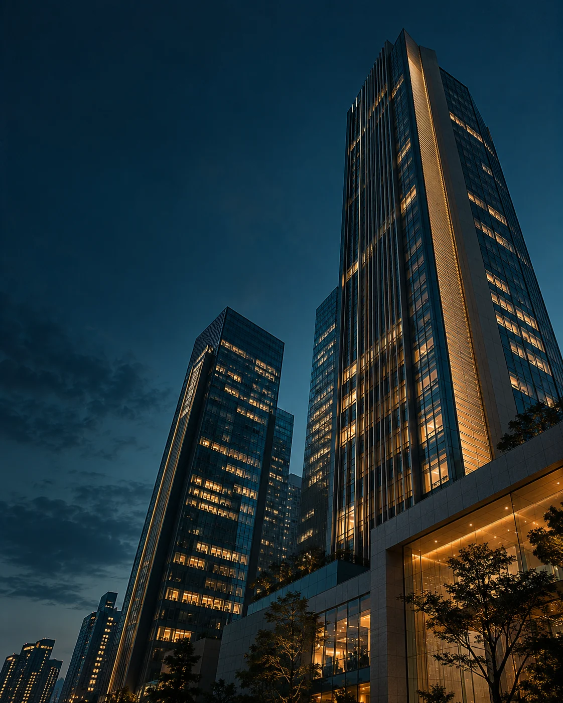 Warm windows in sculptural office towers against a deep teal evening sky