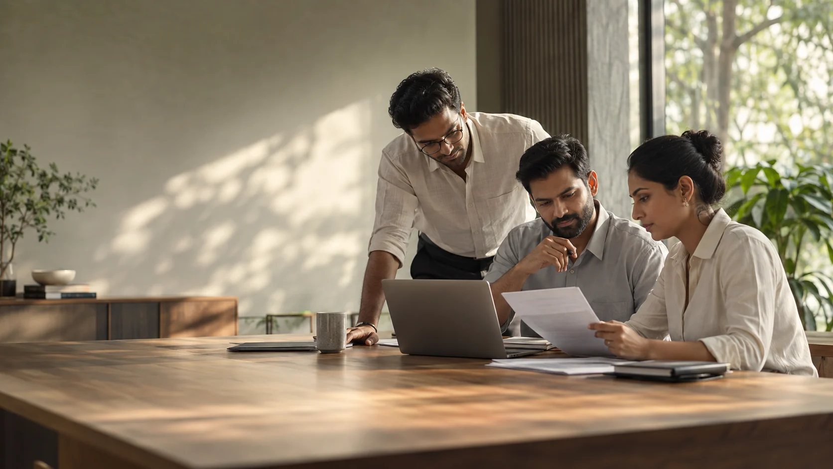 Three accountants reviewing documents together in natural light
