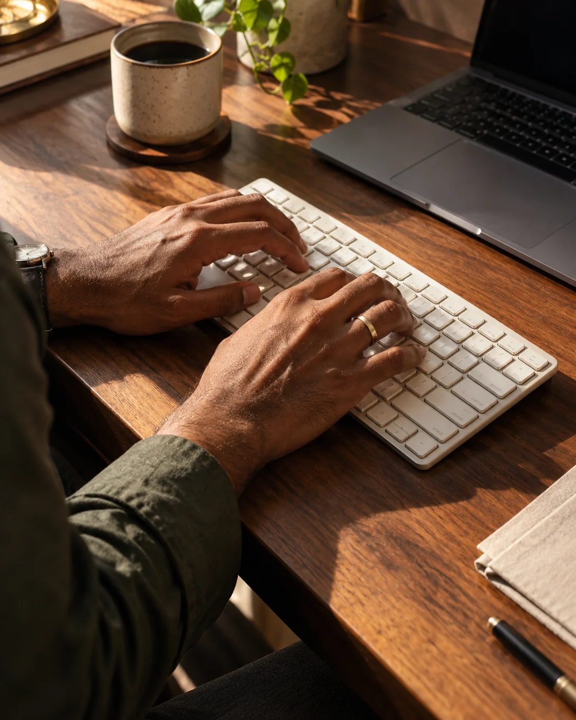 Hands working at a compact keyboard on a walnut desk