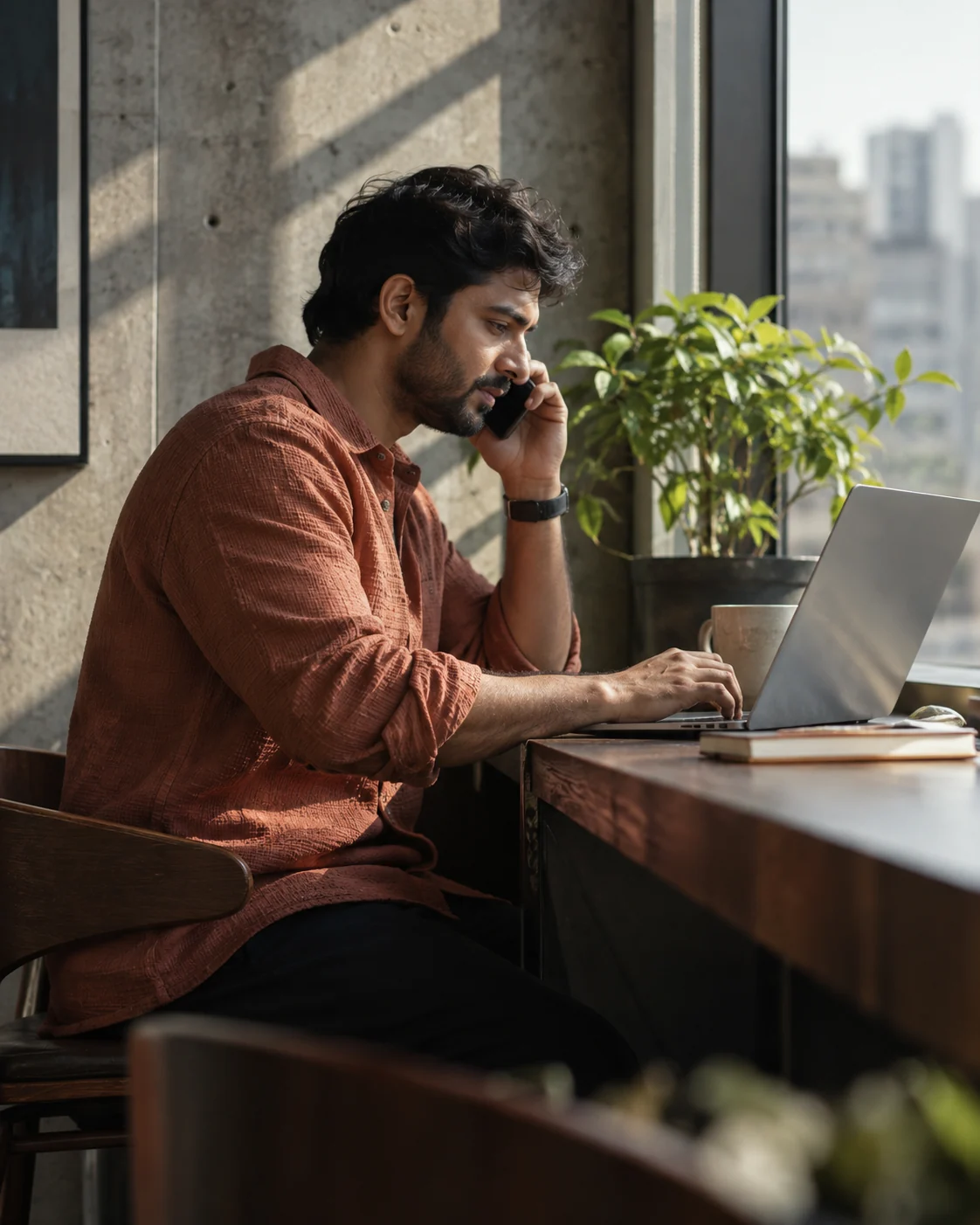 A business owner taking a call beside a sunlit window