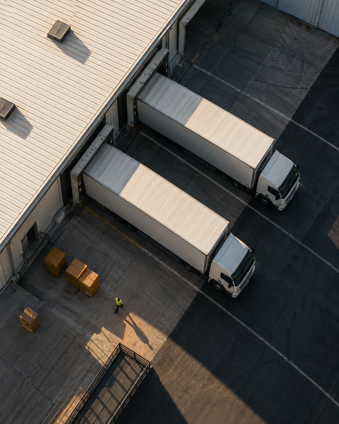 An overhead view of trucks and geometric shadows at a loading dock