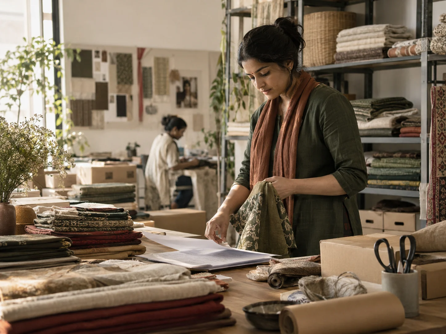 A textile business founder reviewing orders at her packing table